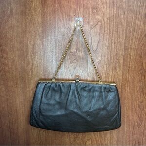 Elegant Brown Leather Clutch with Gold Chain
